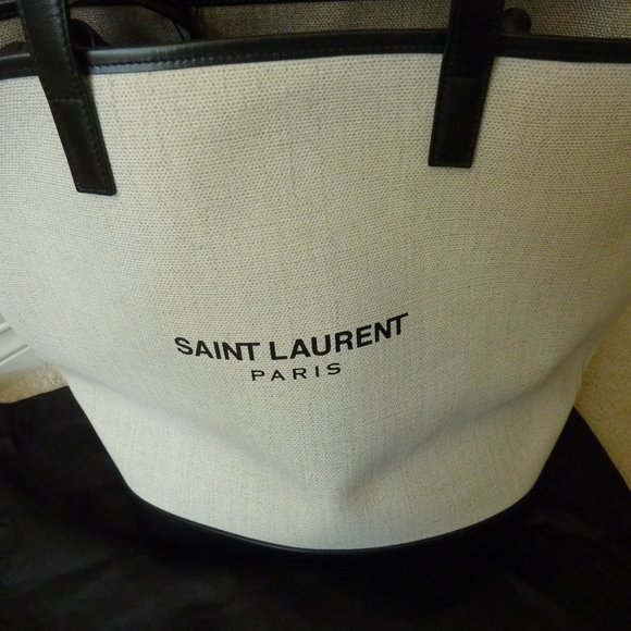 SAINT LAURENT 'Teddy' Medium Canvas/Leather Drawstring Shopping Tote Bag (NEW) - Picture 6 of 15